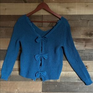 SHEIN Teal Bow-Detail Cardigan preppy bow cardigan